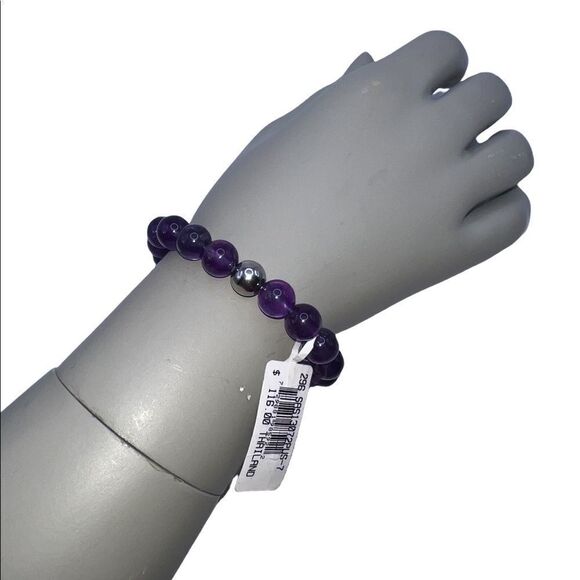 AQUA Sterling Silver & Purple Quartz Bead Stretch Bracelet Bloomingdales NWT - Picture 1 of 3